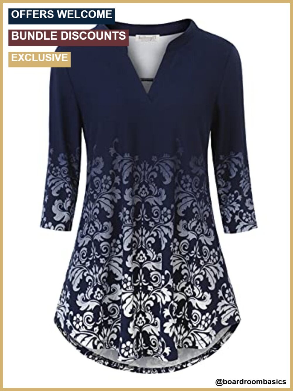 3/4 Sleeve Notch V Neck Floral Work Blouse Loose Fit Tunic Top